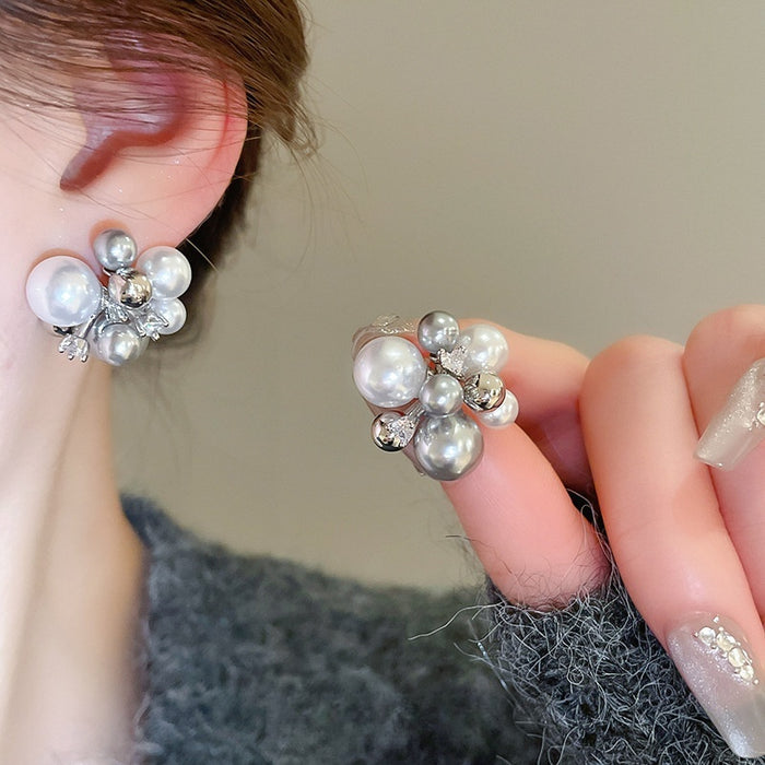 Silver Needle Zircon Contrast Color Faux Pearl Round Ball Stud Earrings For Women Light Luxury