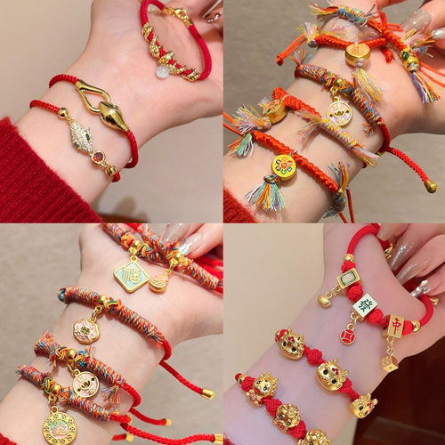 New Chinese Style Copper Lucky Blessing Red Rope Bangle With Round Letter Charm