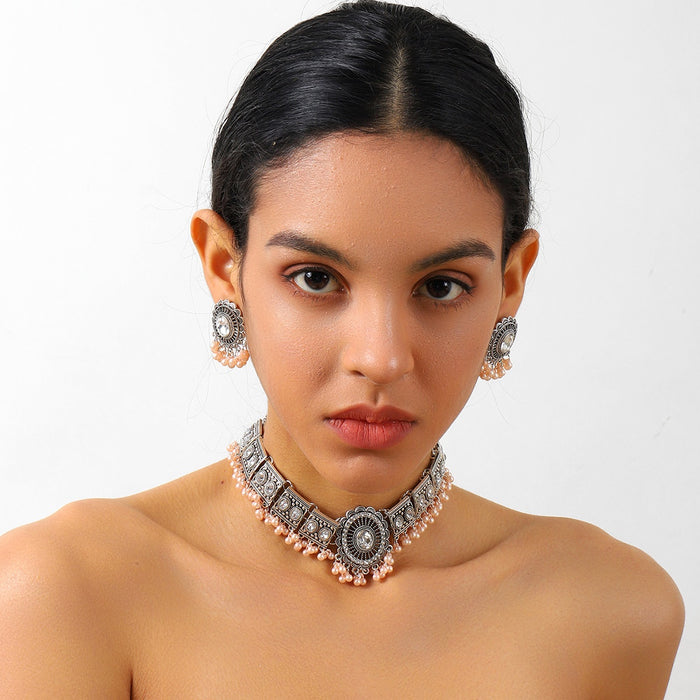 Vintage Bohemian Antique Silver Alloy Zircon Round Pearl Tassel Statement Stud Jewelry Set Earrings