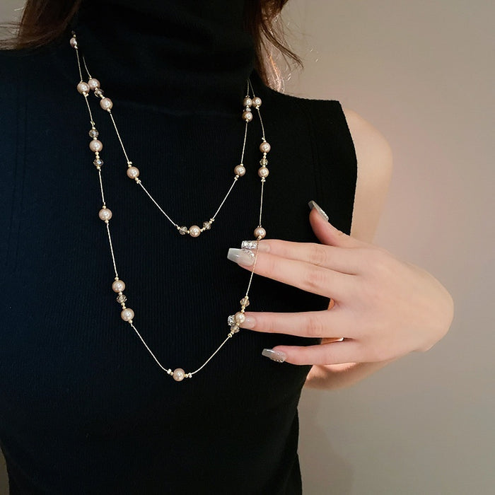 French Style Faux Crystal Layered Sweater Necklace For Women Geometric Round Luxury Fashion Jewelry