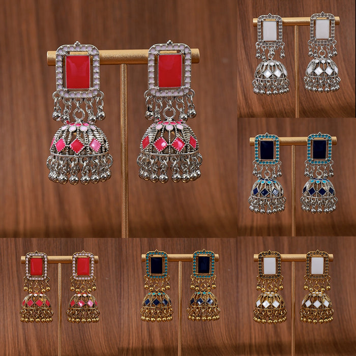 Vintage Bohemian Alloy Rhinestone Enamel Dome Jhumka Ball Bead Tassel Statement Drop Earrings