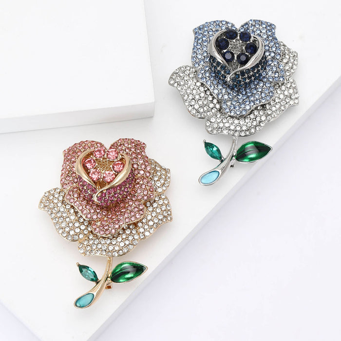 Alloy Rhinestone Rose Brooch Pin For Elegant Clothing Decoration