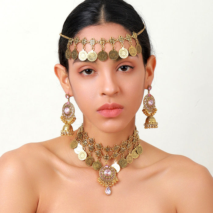 Vintage Bohemian Gold Alloy Round Rhinestone Crystal Jhumka Dangle Statement Jewelry Set Earrings