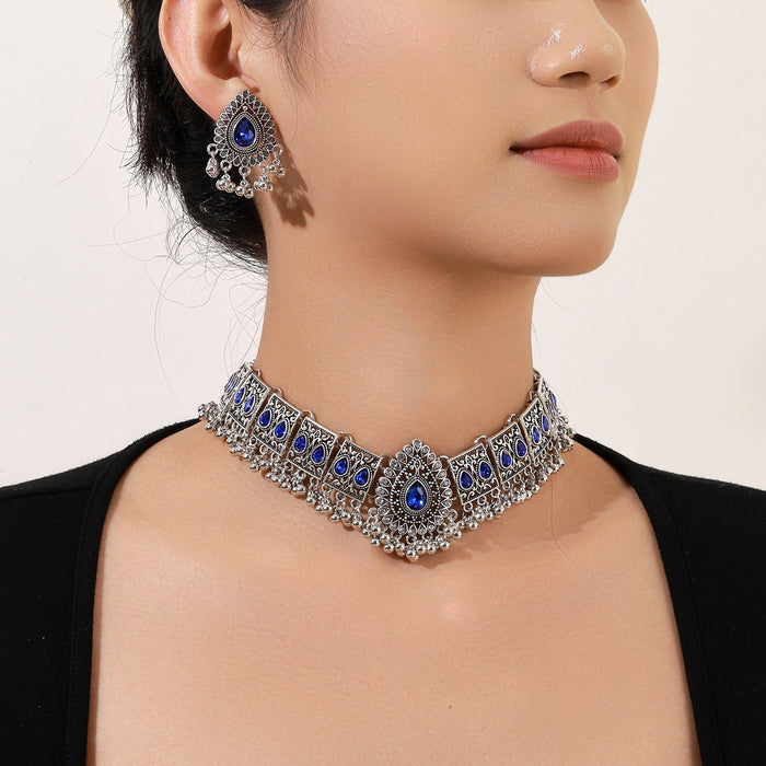 Vintage Bohemian Alloy Rhinestone Blue Teardrop Beaded Ethnic Statement Dangle Earrings