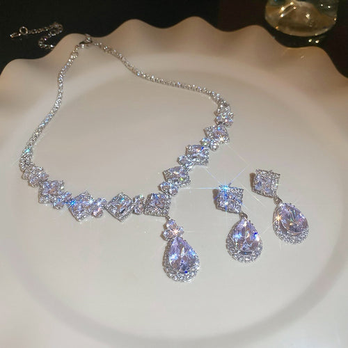 Copper Zircon Teardrop Diamond Shape Stud Earrings Collarbone Necklace Jewelry Set