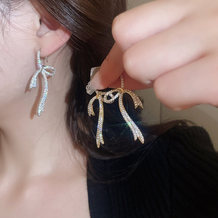 Gold Plated Copper Sparkling Zircon Bow Drop Earrings Light Luxury Fashion Jewelry