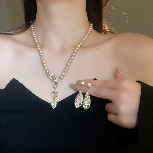 Light Luxury Snake Rhinestone Faux Pearl Necklace And Earrings Jewelry Set
