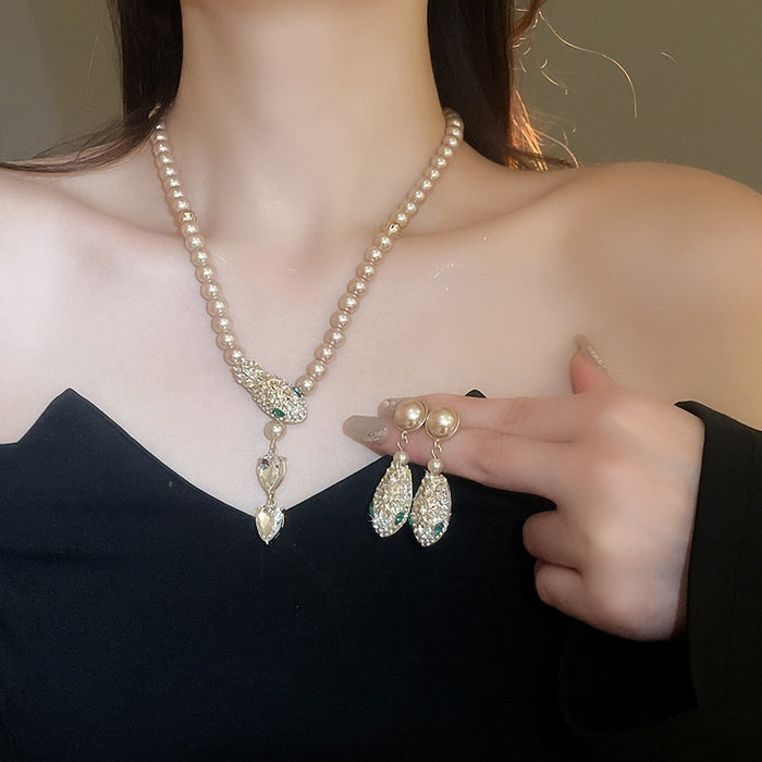 Light Luxury Snake Rhinestone Faux Pearl Necklace And Earrings Jewelry Set