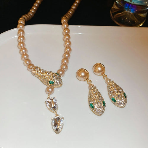 Light Luxury Snake Rhinestone Faux Pearl Necklace And Earrings Jewelry Set