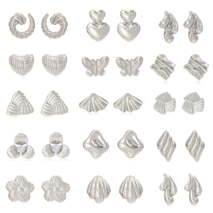 European American Silver Textured Heart Stainless Steel Stud Earrings For Women Light Luxury Jewelry