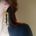 Chic Faux Pearl Teardrop Flower Tassel Drop Earrings With Rhinestone Silver Needle view 3