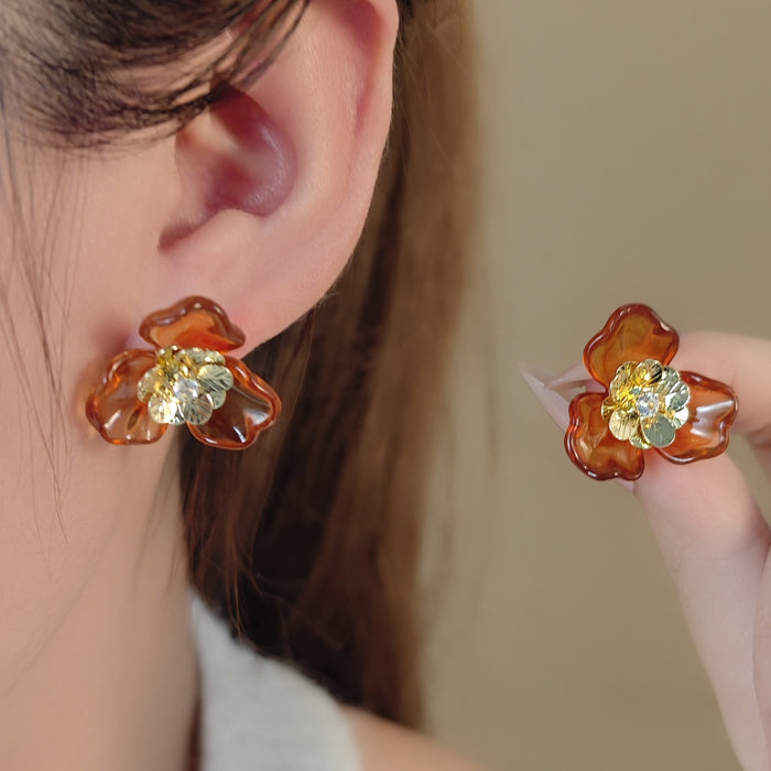 Vintage Amber Resin Flower Studs With Gold Alloy Petal Center Luxury Autumn Maillard Style Women's Earrings