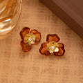 Vintage Amber Resin Flower Studs With Gold Alloy Petal Center Luxury Autumn Maillard Style Women's Earrings view 3