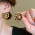 Vintage Flower Rhinestone Faux Pearl Stud Earrings With Silver Posts For Women view 2
