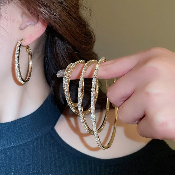 Metal Rhinestone Hoop Earrings With Silver Pin Geometric Circle Chic Statement Design