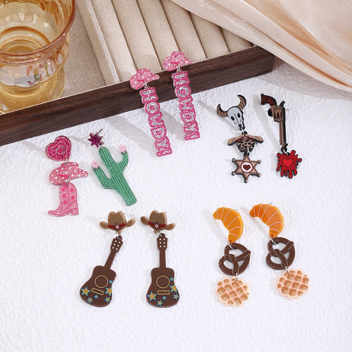 Creative Western Cowboy Guitar Cactus Hat Acrylic Enamel Drop Dangle Fashion Statement Earrings