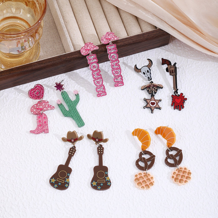 Creative Western Cowboy Guitar Cactus Hat Acrylic Enamel Drop Dangle Fashion Statement Earrings
