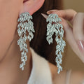 Elegant Silver Needle Rhinestone Leaf Feather Tassel Stud Earrings For Women Luxury Fashion Earrings view 1