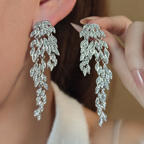 Elegant Silver Needle Rhinestone Leaf Feather Tassel Stud Earrings For Women Luxury Fashion Earrings
