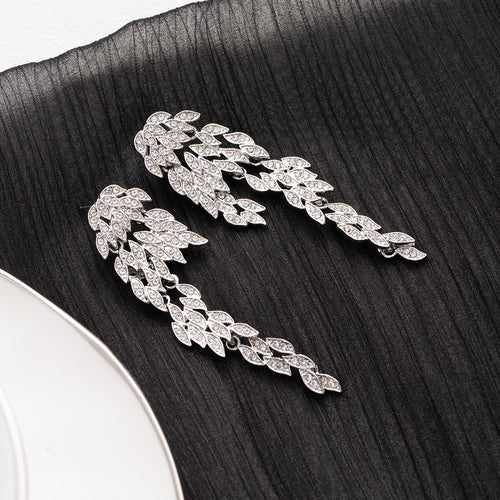 Elegant Silver Needle Rhinestone Leaf Feather Tassel Stud Earrings For Women Luxury Fashion Earrings