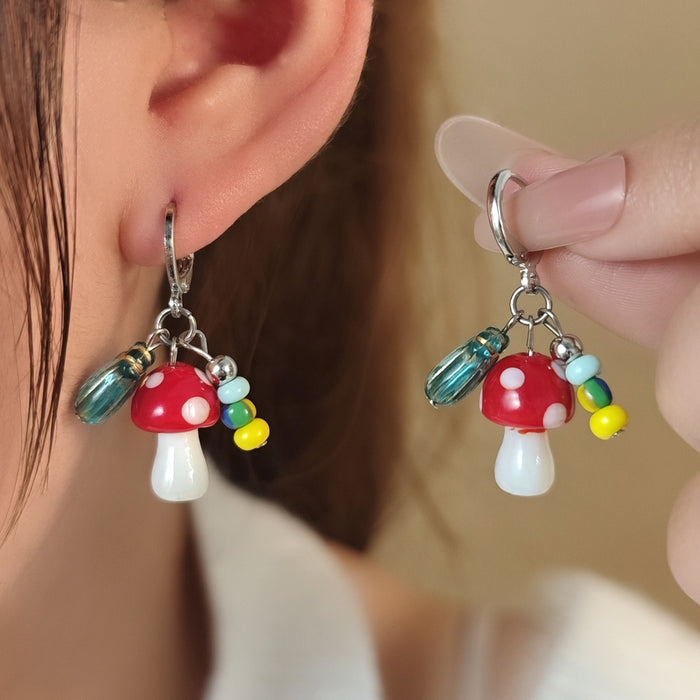 Cute Forest Mushroom Pendant Alloy Huggie Hoop With Colorful Enamel Beads Sweet Fresh Women Earrings