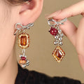 Vintage Luxury Asymmetric Bow Square Crystal Beaded Alloy Silver Needle Fashion Drop Stud Earrings view 1