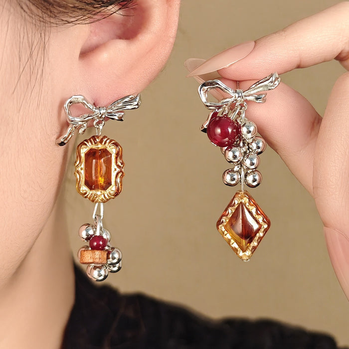 Vintage Luxury Asymmetric Bow Square Crystal Beaded Alloy Silver Needle Fashion Drop Stud Earrings