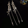 Chic Alloy Snake Cross Tassel Drop Earrings With Silver Pins, Light Luxury Statement Design view 4