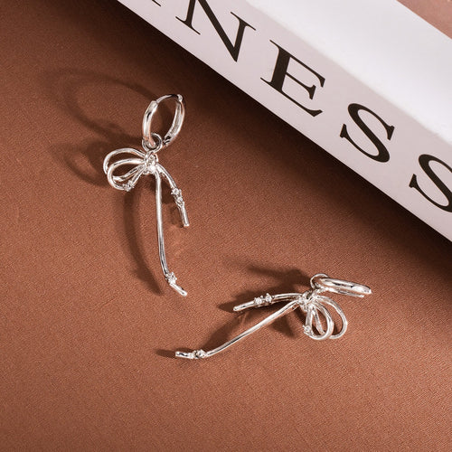 Elegant Silver Alloy Ballet Ribbon Bow Hoop Drop Earrings With Sparkling Zircon Long Tassel Earrings