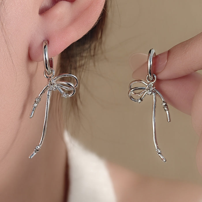 Elegant Silver Alloy Ballet Ribbon Bow Hoop Drop Earrings With Sparkling Zircon Long Tassel Earrings