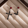 Luxury Red Heart Zircon Alloy Studs With Black Crystal Cross Dangle Dark Sweet Halloween Earrings view 4