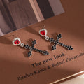 Luxury Red Heart Zircon Alloy Studs With Black Crystal Cross Dangle Dark Sweet Halloween Earrings view 2