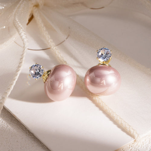Elegant Korean Zircon Studs With Light Pink Faux Pearl Dome Drops Luxury Silver Needle Earrings