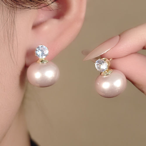 Elegant Korean Zircon Studs With Light Pink Faux Pearl Dome Drops Luxury Silver Needle Earrings