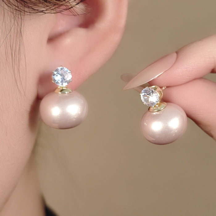 Elegant Korean Zircon Studs With Light Pink Faux Pearl Dome Drops Luxury Silver Needle Earrings