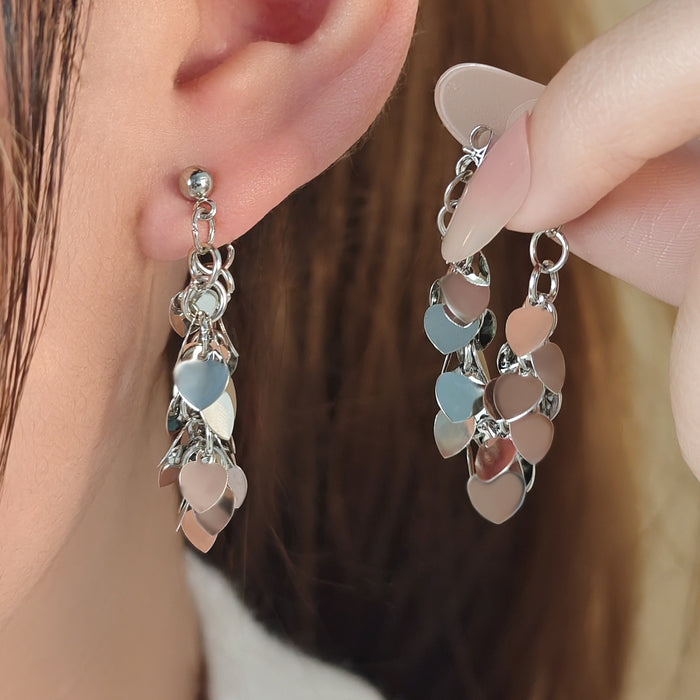 Elegant Korean Style Alloy Silver Heart Sequin Tassel Long Dangle Drop Women's Statement Earrings