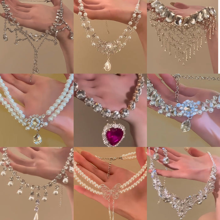 Light Luxury Copper Pearl Necklace With Rhinestone Flower Teardrop Pendant For Women