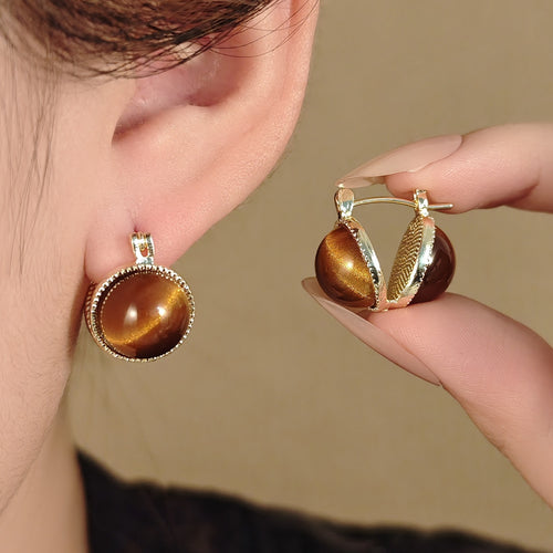 Vintage Luxury Tiger Eye Stone Semicircle Hoop Alloy Caramel Brown Hong Kong Style Women's Earrings