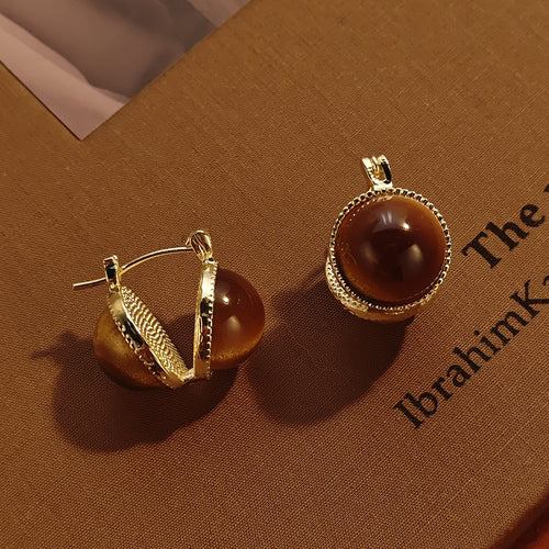 Vintage Luxury Tiger Eye Stone Semicircle Hoop Alloy Caramel Brown Hong Kong Style Women's Earrings