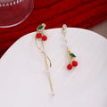 Light Luxury Asymmetric Cherry Enamel Rhinestone Pearl Tassel Alloy Long Drop Stud Earrings view 4