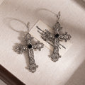 Vintage Gothic Antique Silver Alloy Floral Cross Hoop Dangle With Black Rhinestone Statement Earrings view 4