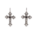 Vintage Gothic Antique Silver Alloy Floral Cross Hoop Dangle With Black Rhinestone Statement Earrings view 5