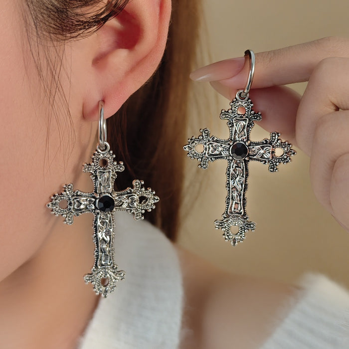Vintage Gothic Antique Silver Alloy Floral Cross Hoop Dangle With Black Rhinestone Statement Earrings