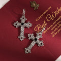 Vintage Gothic Antique Silver Alloy Floral Cross Hoop Dangle With Black Rhinestone Statement Earrings view 2