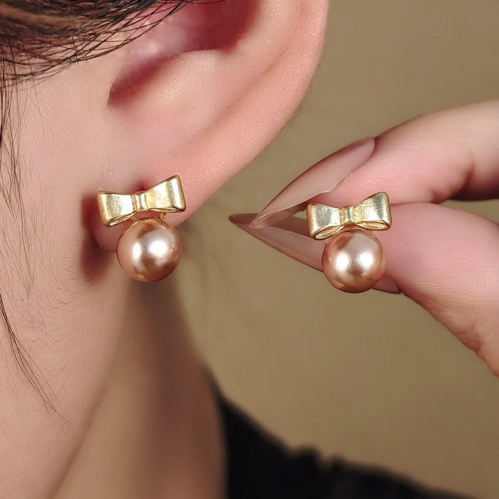 Elegant Korean Gold Bowknot Faux Pearl Studs Sweet Light Luxury Fashion Alloy Silver Needle Earrings