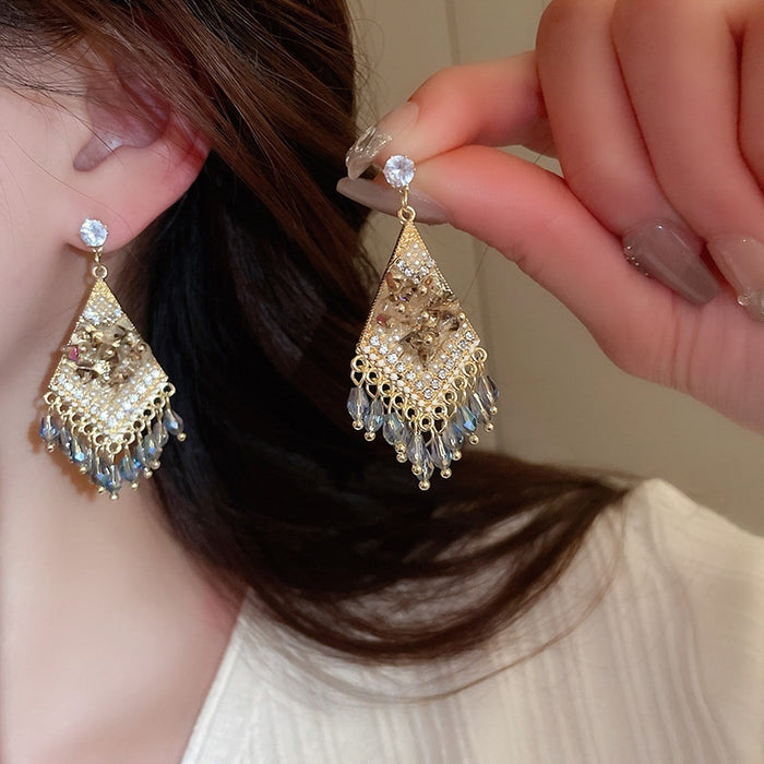 Ethnic Diamond Shape Artificial Crystal Tassel Drop Earrings With Silver Pins