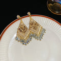 Ethnic Diamond Shape Artificial Crystal Tassel Drop Earrings With Silver Pins view 2