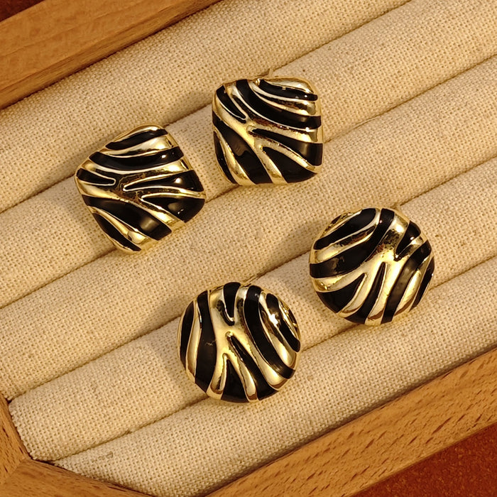 Vintage Black Gold Leopard Stripe Enamel Alloy Round Square Studs Luxury Fashion Statement Earrings