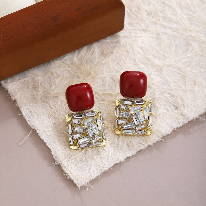 Vintage Red Enamel Square Drop Earrings With Rhinestone Crystal Inlay Luxury Alloy Stud Earrings