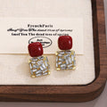 Vintage Red Enamel Square Drop Earrings With Rhinestone Crystal Inlay Luxury Alloy Stud Earrings view 3